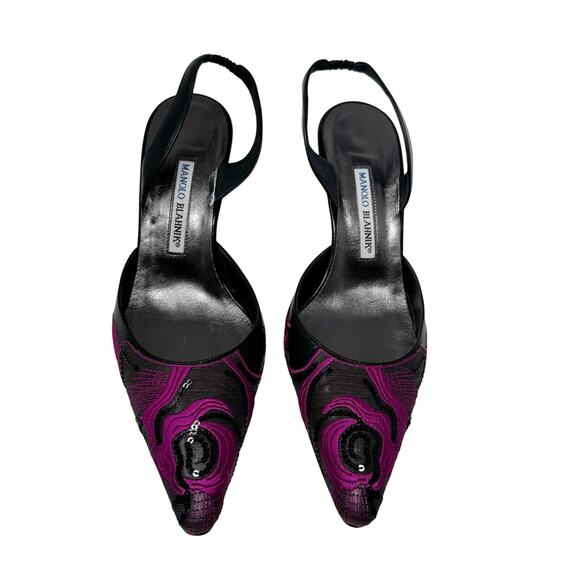 Manolo Blahnik Embroidered Slingback Pumps Black Pink Sequin Pointed Toe 41 - Picture 2 of 5